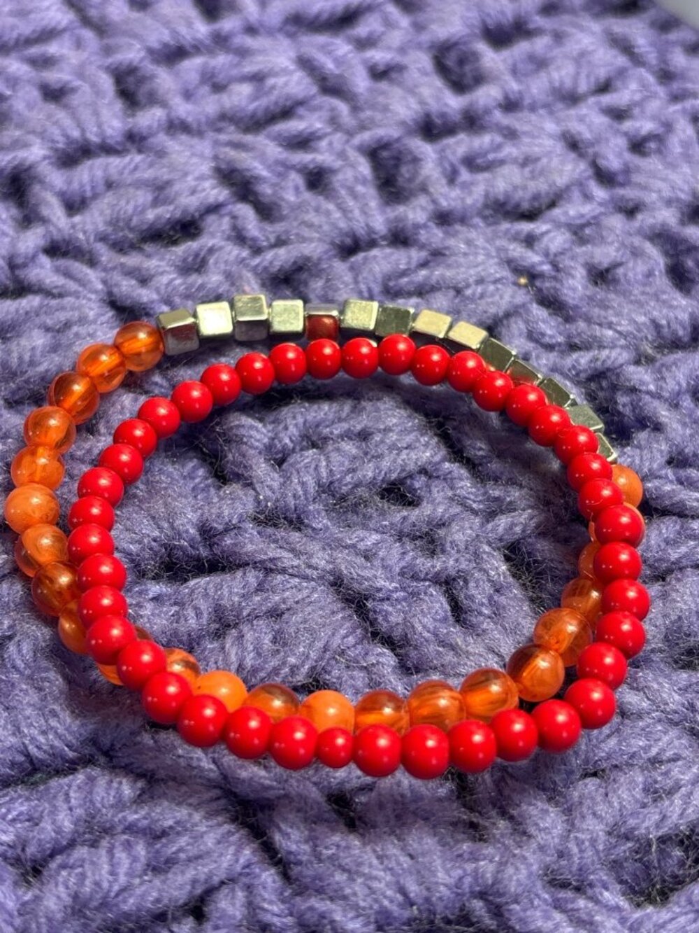 Set of 2 Plastic Beaded Stretchy Bracelets Red Orange Silvertone